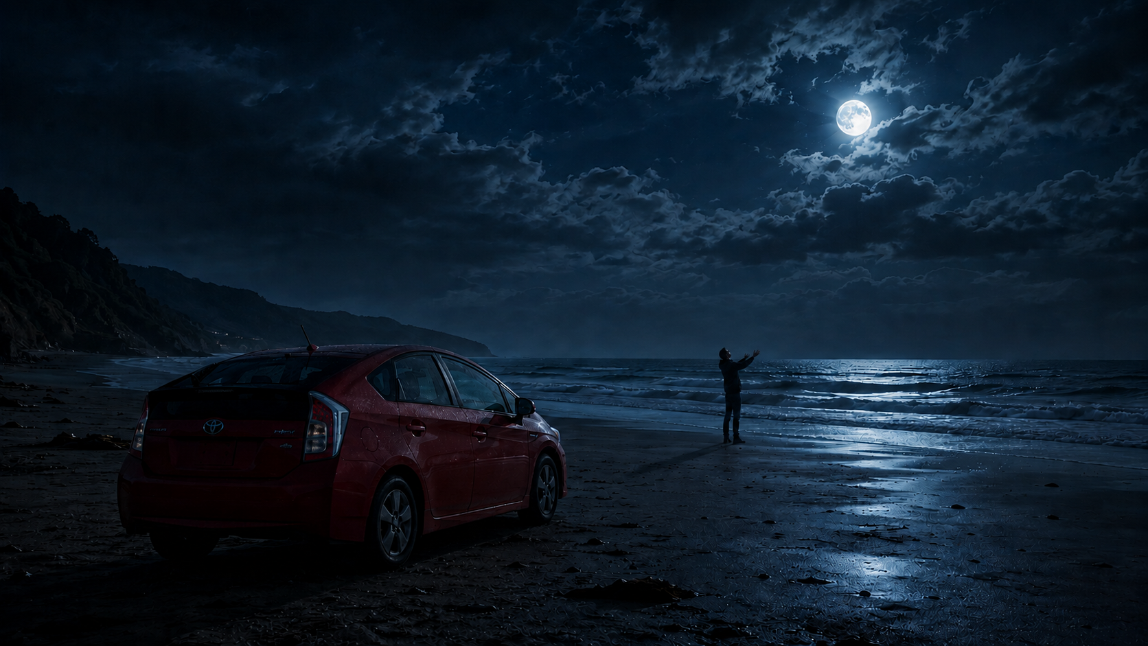 Elias alone on a moonlit beach beside a red 2012 Toyota Prius, arms lifted toward the full moon over the ocean