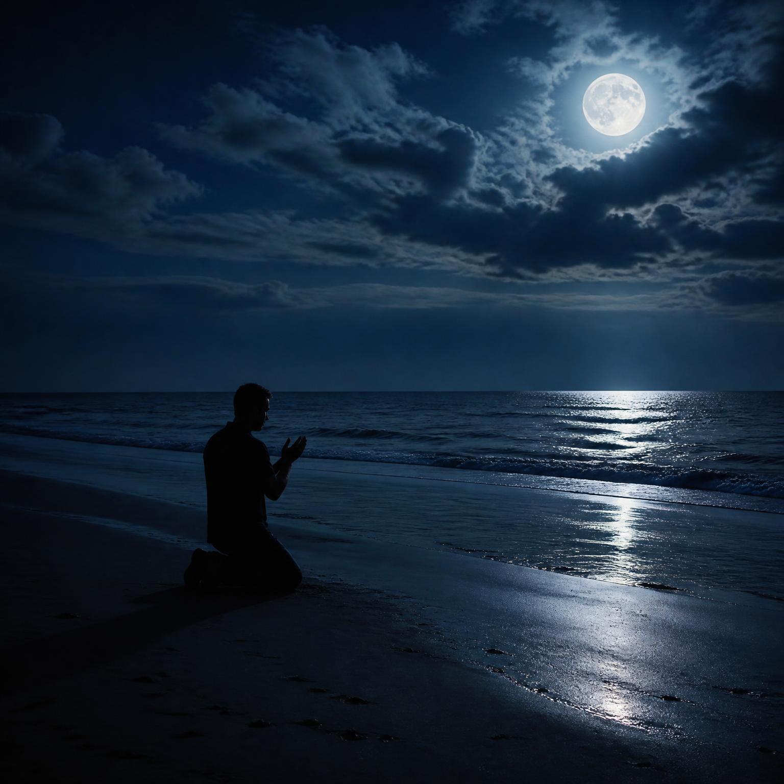 A lone figure kneeling on a moonlit shore